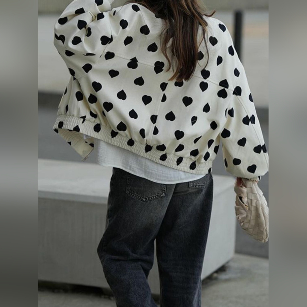 Heart Print Collared Neck Zip-Up Jacket - Picture 4 of 9
